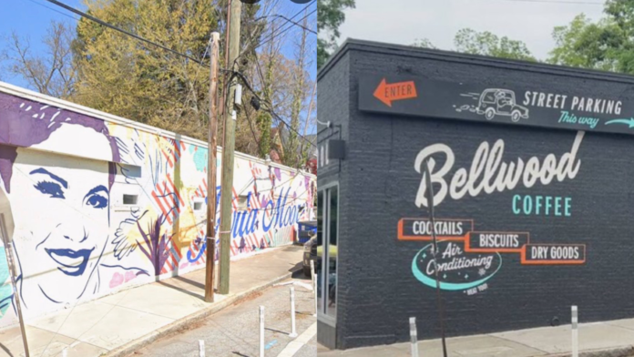 Jovita Moore mural before and after being painted over by Bellwood Coffee in Atlanta
