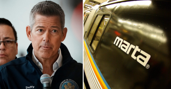 Transportation Secretary Sean P. Duffy poses along with MARTA train logo